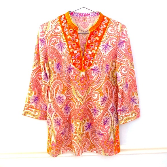 ROBERT GRAHAM Cotton Orange
Floral Paisley 3/4 Sleeve Tunic Blouse - Picture 6 of 7